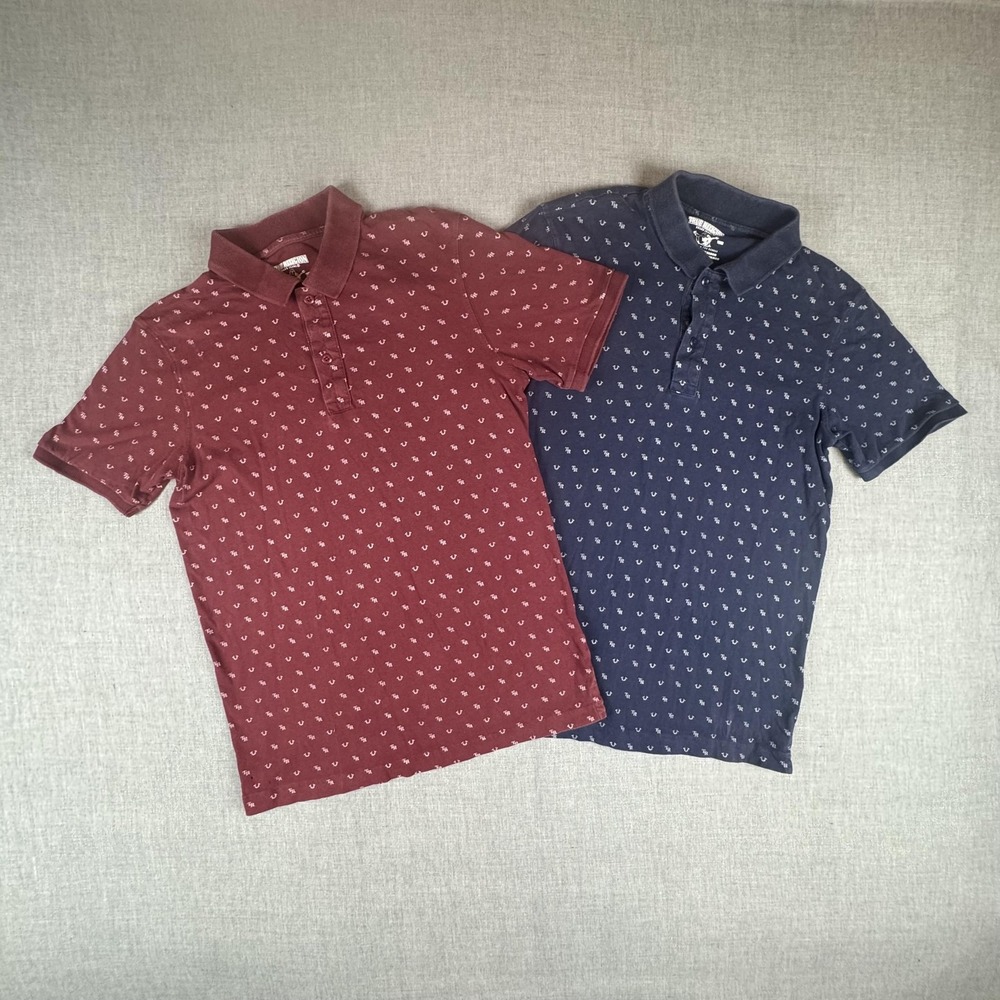 True Religion Polo Shirts Mens Medium Lot Of 2 All Over TR Logo Print
